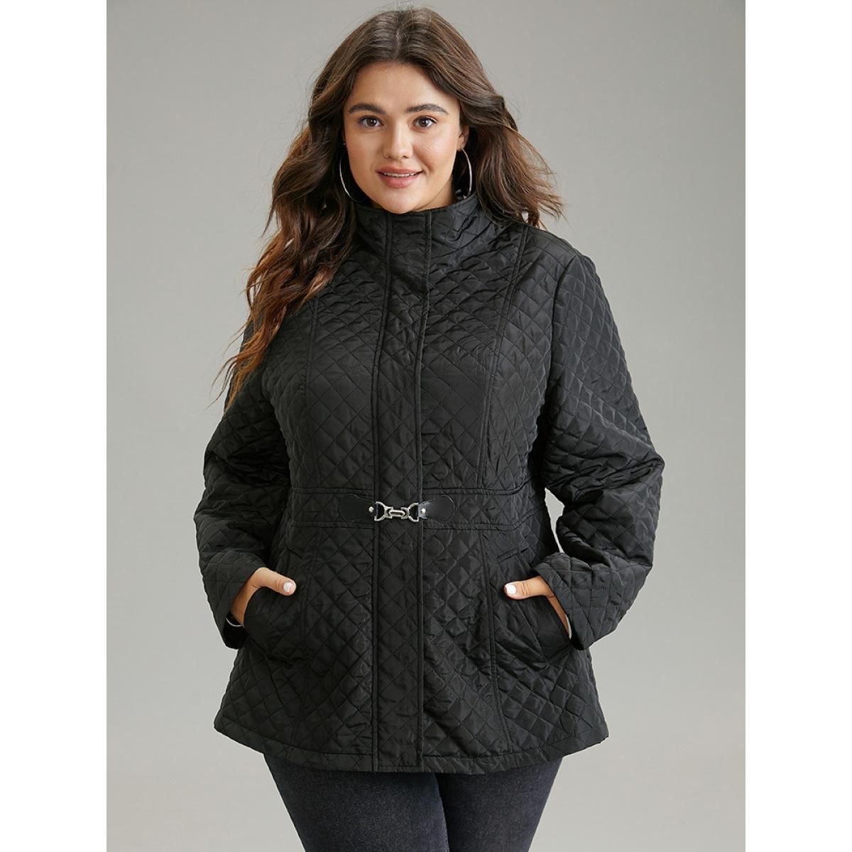 Plus Size Solid Buckle Detail Zipper Quilted Coat Women Black Casual Texture Ladies Everyday Winter Coats BloomChic 18-20/2X Product Image
