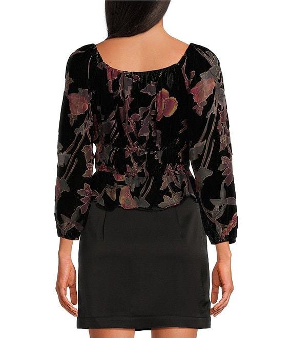 Skies Are Blue Velvet Burnout Floral Print Square Neck Long Sleeve Cropped Top Product Image