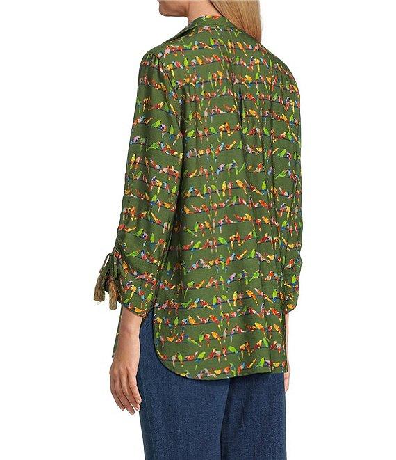John Mark Woven Parrot Print Wire Collar 3/4 Cinched Tie Sleeve Hi Low Hem Button Front Tunic Product Image
