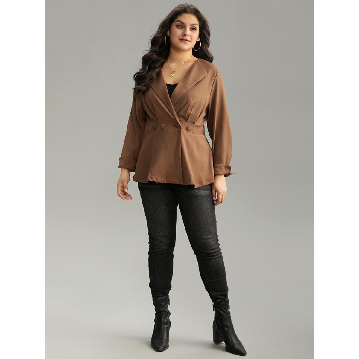 Plus Size Lapel Collar Buckle Detail Plicated Detail Coat Women DarkBrown Elegant Plain Bodycon Ladies Dailywear Winter Coats BloomChic 26/4X Product Image
