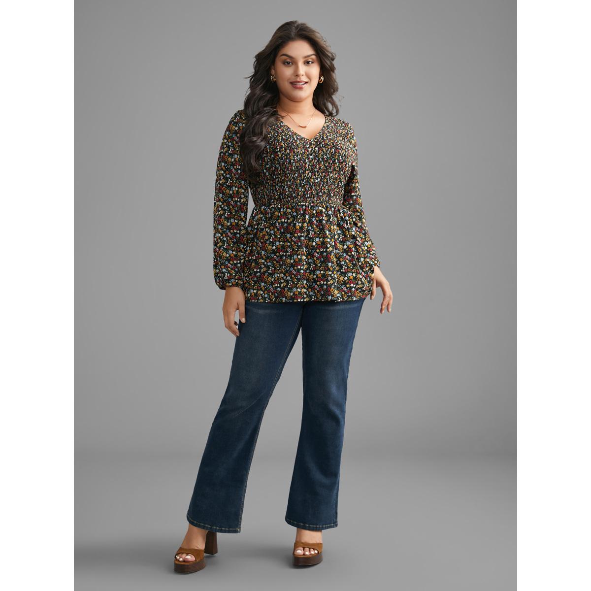 Plus Size Black Ditsy Floral V Neck Shirred Blouse Women Elegant Extra Long Sleeve V-neck Everyday Blouses BloomChic 26/4X Product Image