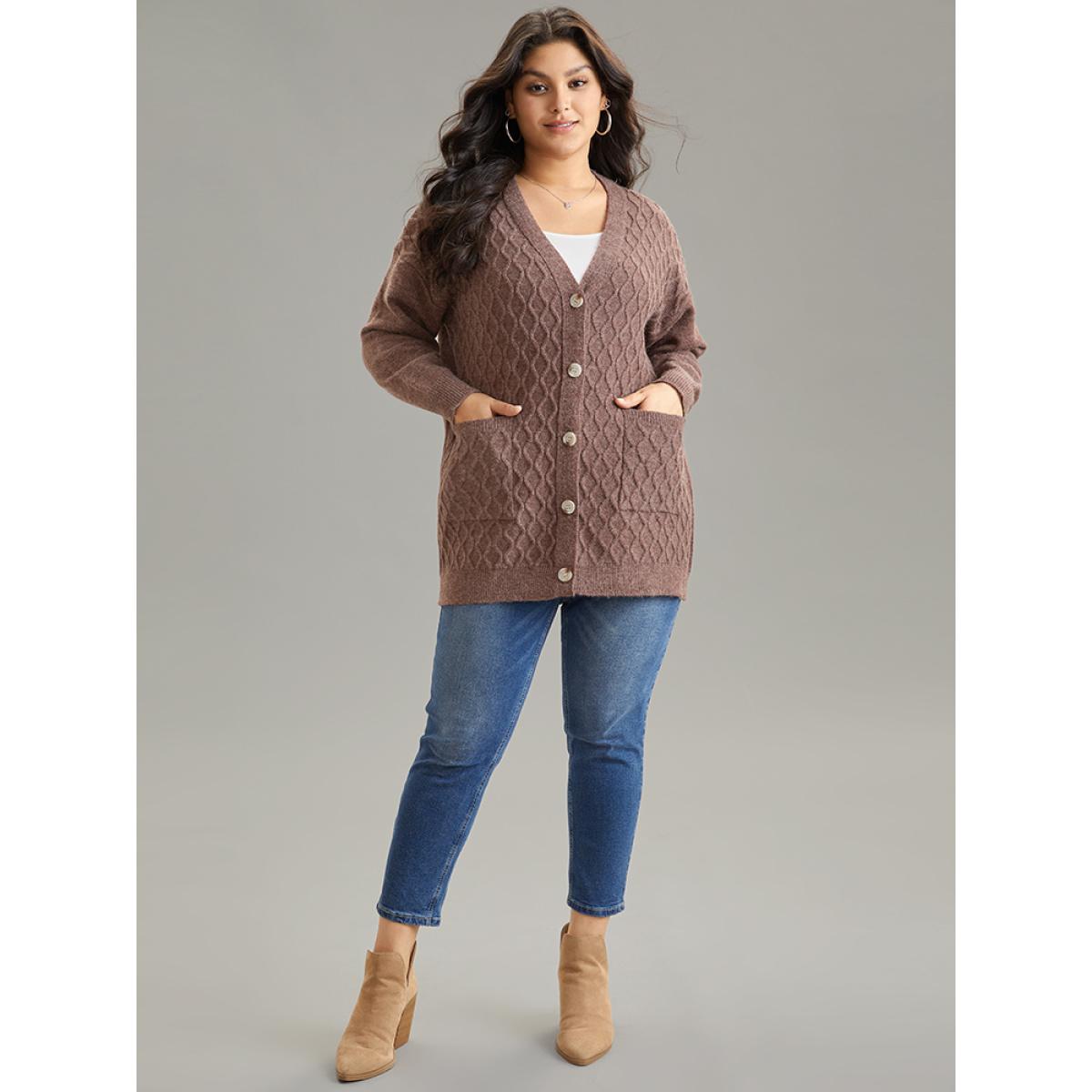 Plus Size Supersoft Essentials Heather Cable Knit Cardigan DarkBrown Women Casual Loose Long Sleeve Dailywear Cardigans BloomChic 18-20/2X Product Image