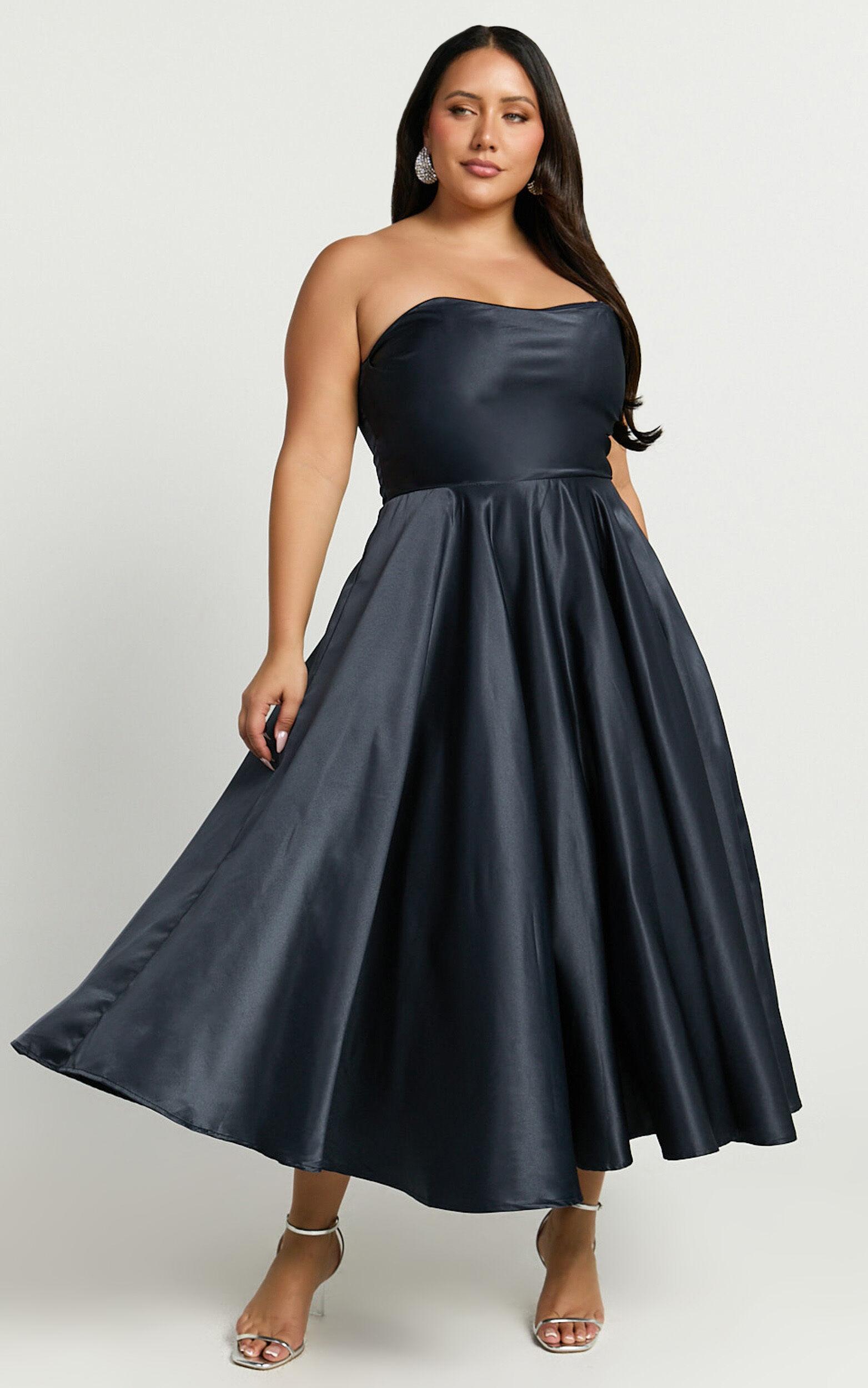 Helaina Midi Dress - Strapless A-Line Satin Dress in Navy Product Image
