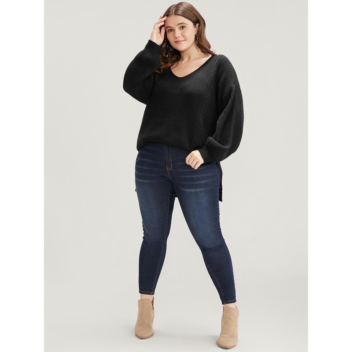 Plus Size Solid Pointelle Knit Lantern Sleeve Cut Out Split Knit Top Black Women Casual Loose Long Sleeve V-neck Dailywear Pullovers BloomChic 12/L Product Image