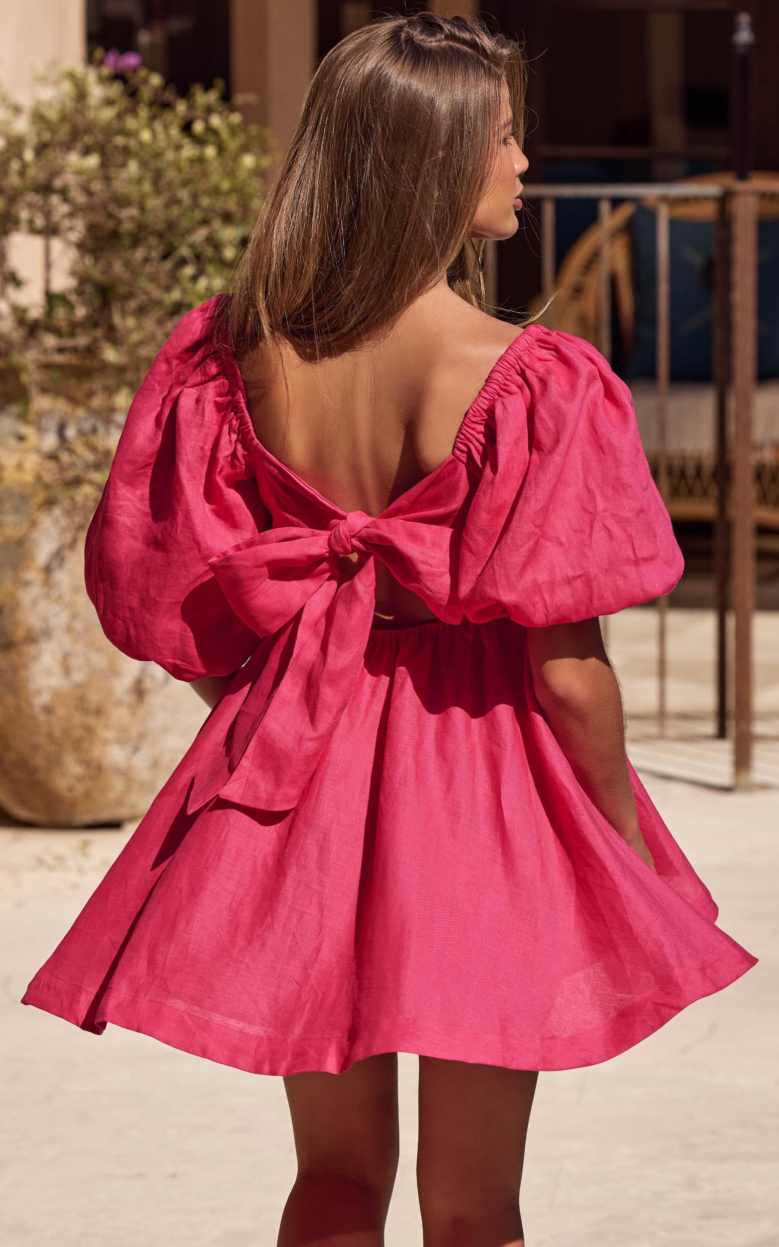 Amalie The Label - Hamyya Linen Tie Back Puff Sleeve Mini Linen Dress in Magenta Product Image