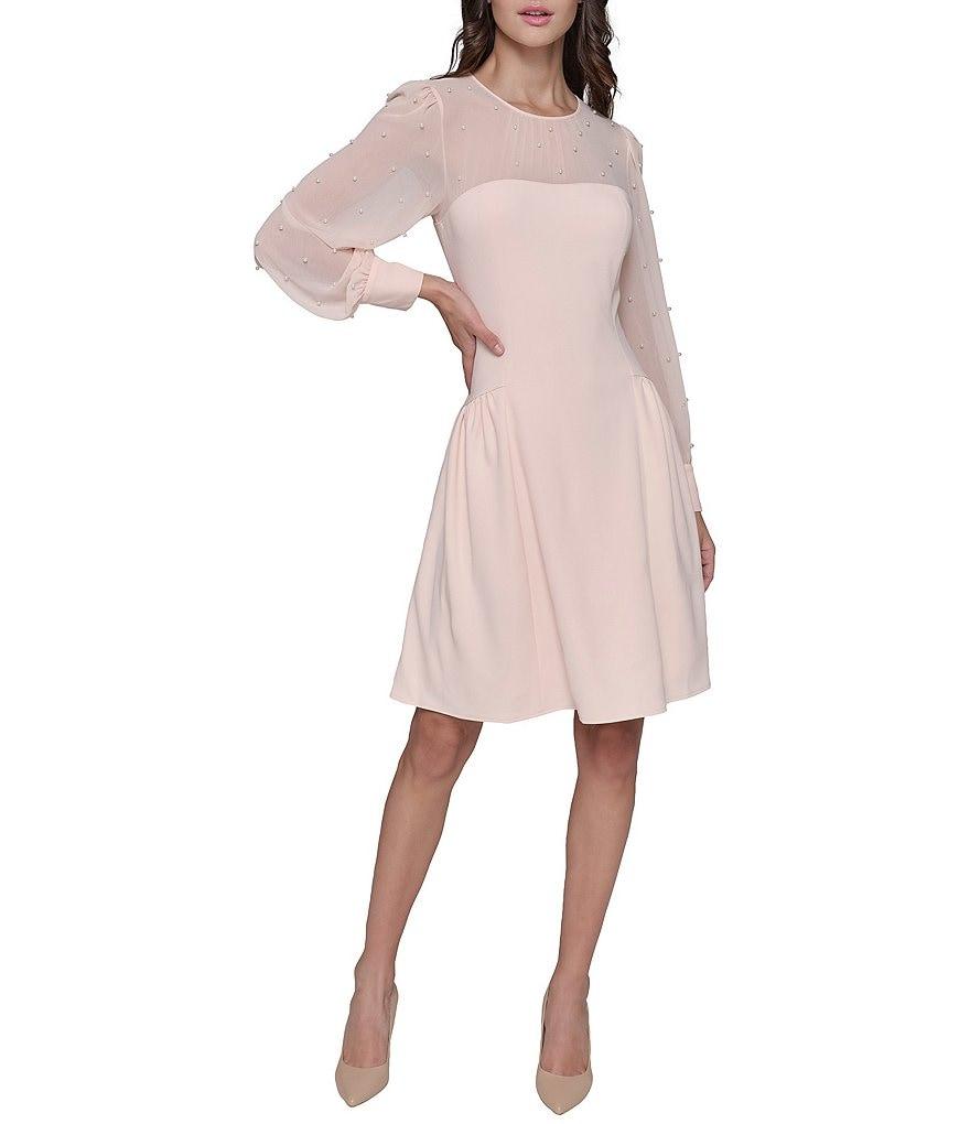 KARL LAGERFELD PARIS Illusion Sleeve Drop Waist Scuba Crepe Dress Product Image