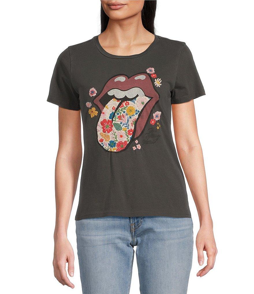 Lucky Brand Knit Rolling Stones Floral Graphic Crew Neck Short Sleeve Tee Product Image