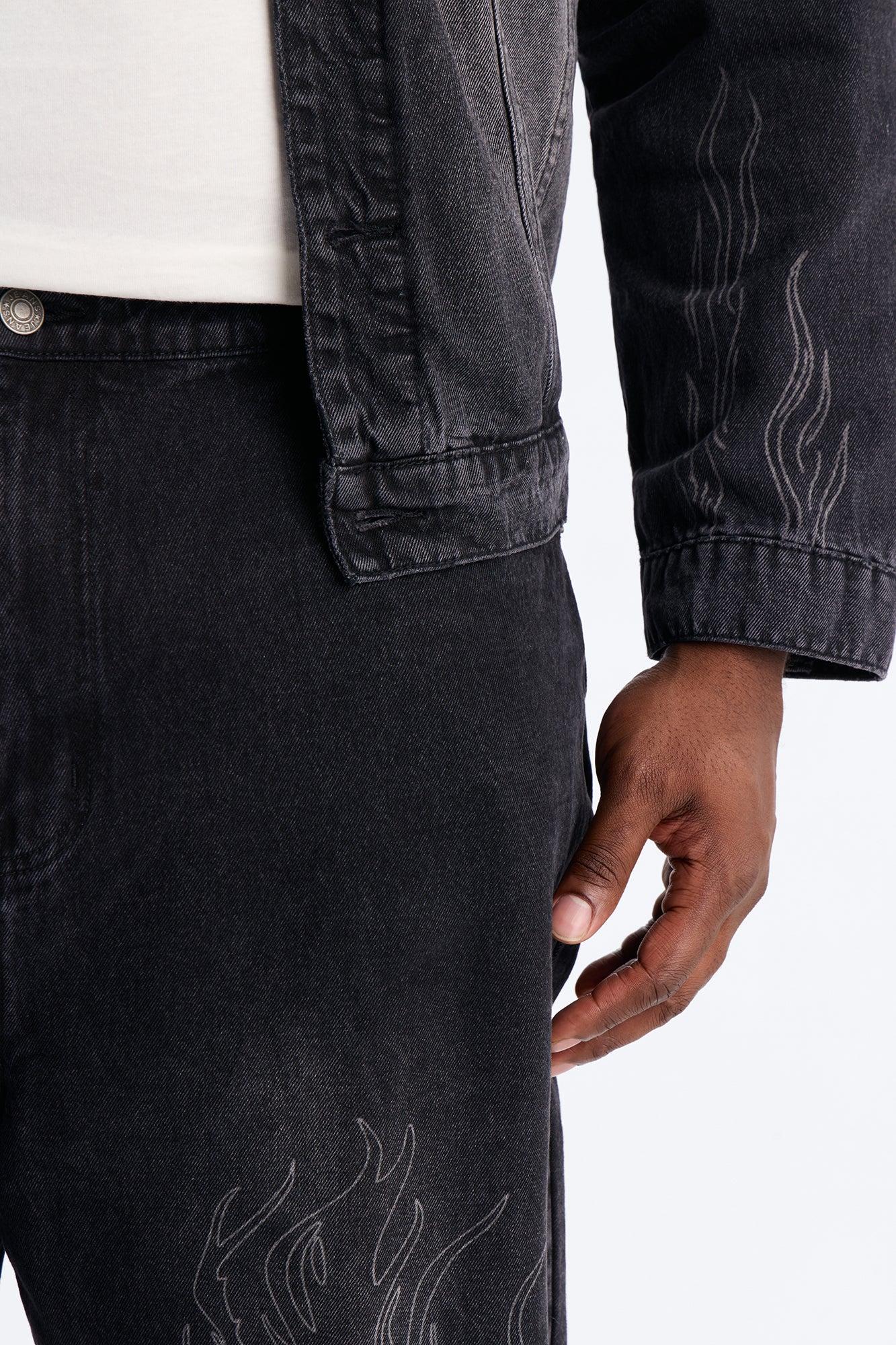 Cropped Hellfire Denim Trucker Jacket - Black Wash Product Image