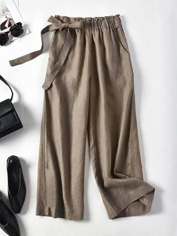 Simple Ramie Cotton Solid Color Loose Ninth Wide-Leg Pants Product Image
