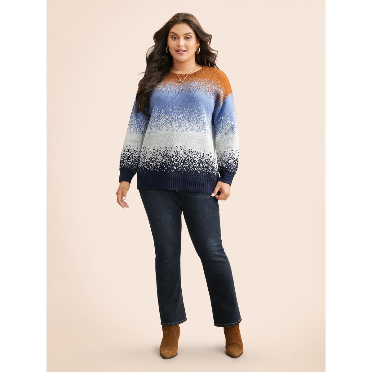 Plus Size Gradient Dyeing Contrast Drop Shoulder Pullover Indigo Women Casual Loose Long Sleeve Round Neck Everyday Pullovers BloomChic 26/4X Product Image