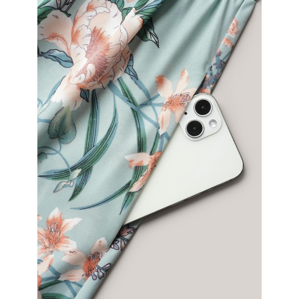 Plus Size Floral Print Flared Sleeve Pockets Midi Dress Mint Women Elegant Non Heart neckline Short sleeve Curvy BloomChic 14-16/1X Product Image