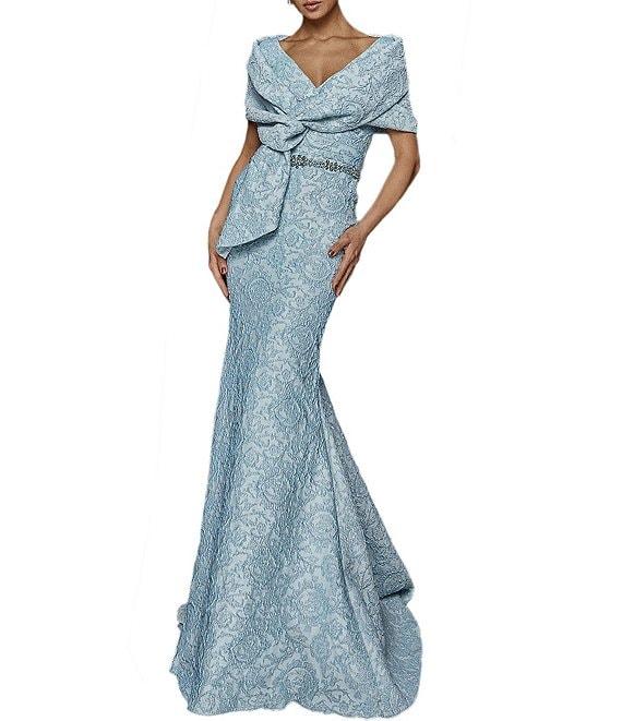 Terani Couture Brocade Twisted Short Sleeve Beaded Waist Mermaid Gown Product Image