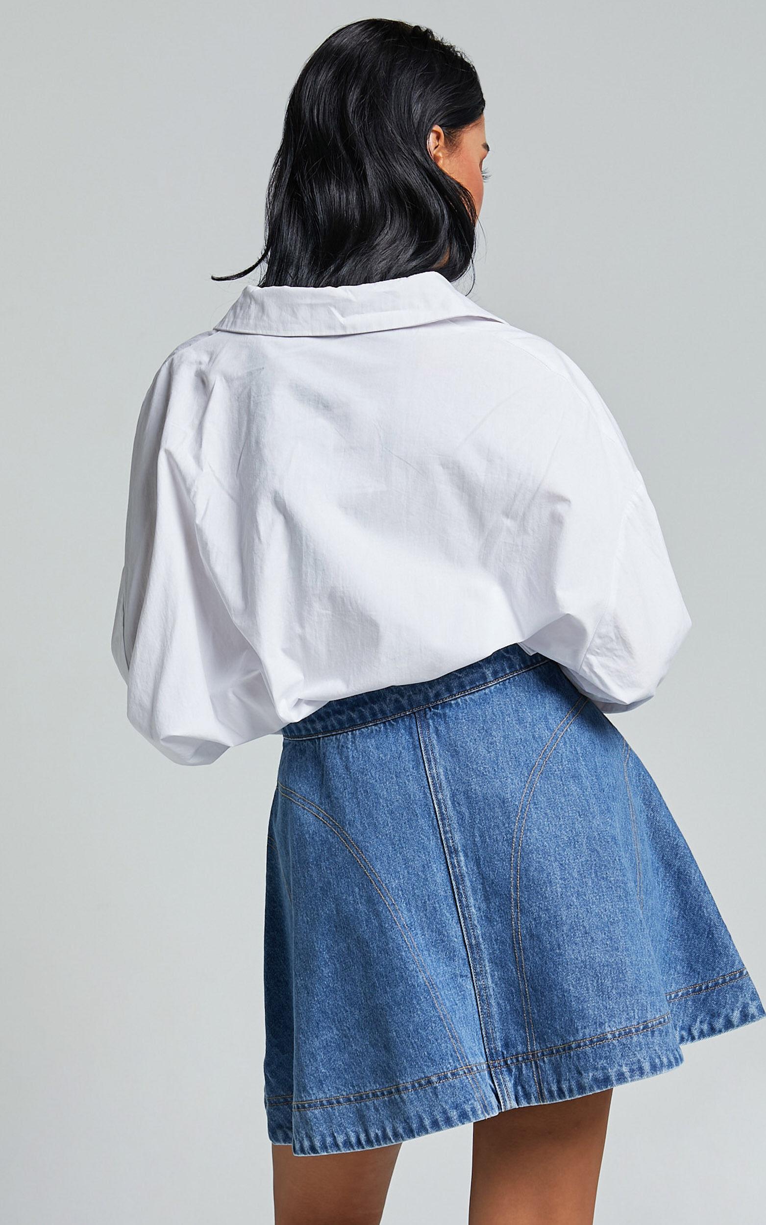 Koemi Skirt - High Waisted Denim Flare in Mid Blue Wash Product Image