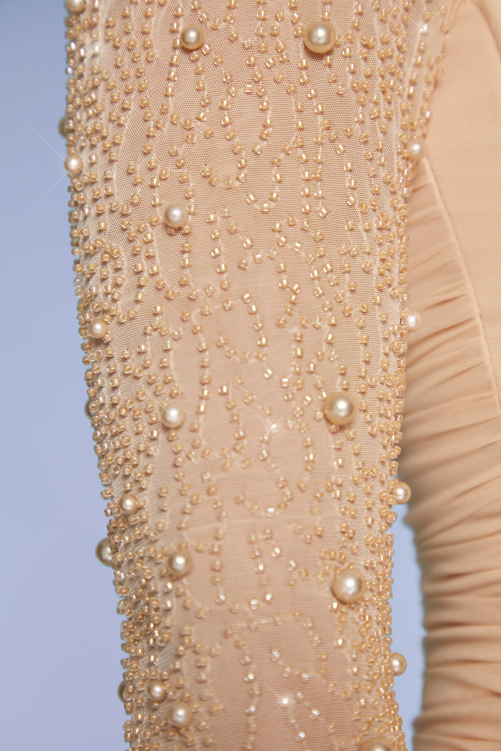 Embellished Long Sleeve Mini Dress in Sand Product Image