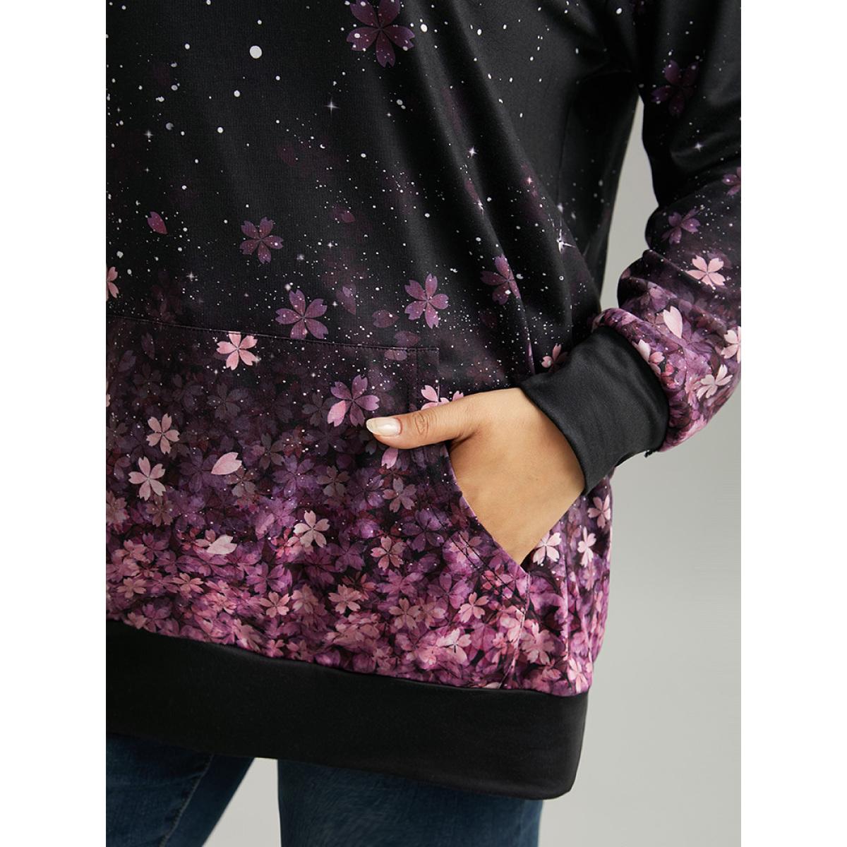 Plus Size Floral Hooded Kangaroo Pocket Sweatshirt Women Black Casual Printed Hooded Dailywear Sweatshirts BloomChic 30/6X Product Image
