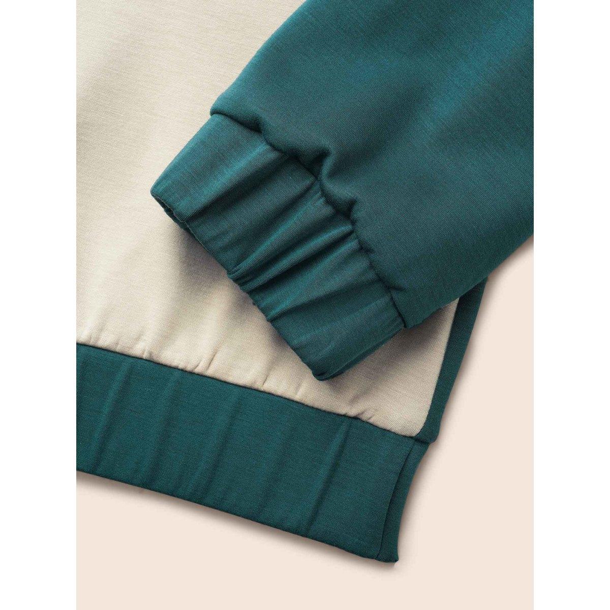 Plus Size Contrast Half Zip Hooded Sweatshirt Women Cyan Casual Contrast Hooded Everyday Sweatshirts BloomChic 22-24/3X Product Image