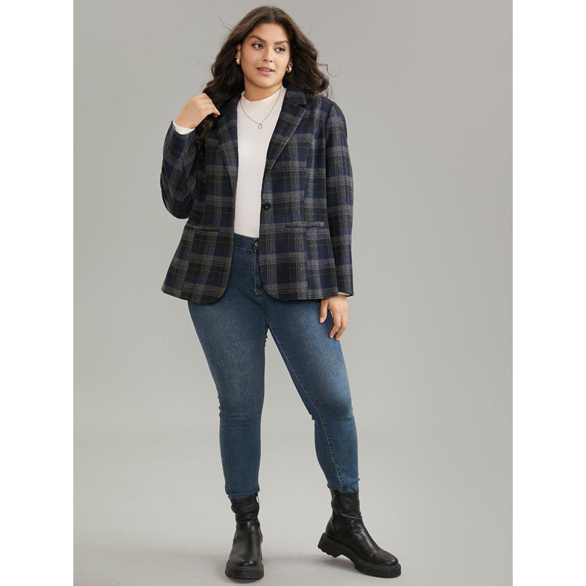 Plus Size Plaid Button Up Suit Collar Blazer Midnight Women Dailywear Plaid Lined Sleeve Long Sleeve Suit Collar 22-24/3X Pocket Casual Blazers BloomChic Product Image