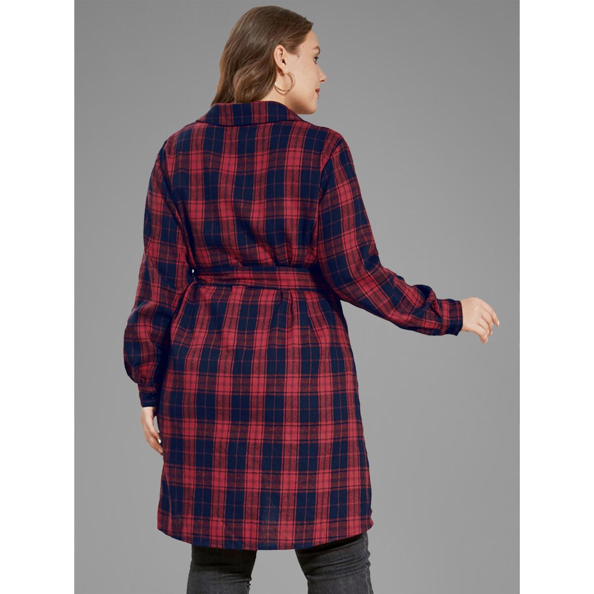 Plus Size Red Plaid Button Up Asymmetrical Hem Belted Blouse Women Elegant Long Sleeve V-neck Dailywear Blouses BloomChic 18-20/2X Product Image