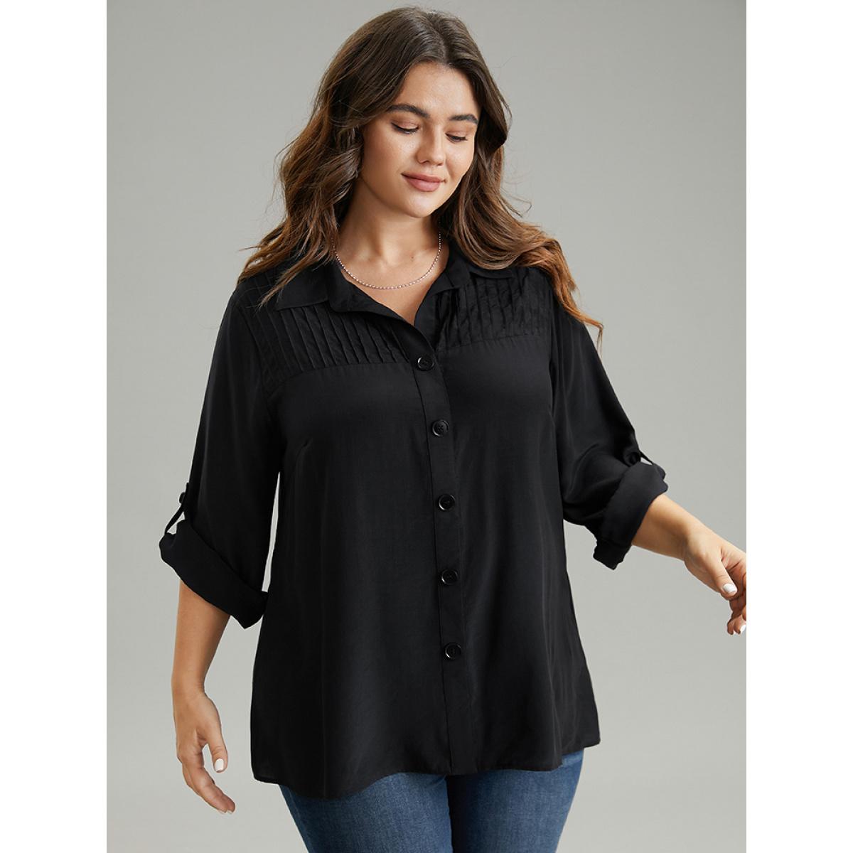 Plus Size Black Solid Button Through Roll Tab Sleeve Blouse Women Office Long Sleeve Shirt collar Work Blouses BloomChic 12/L Product Image