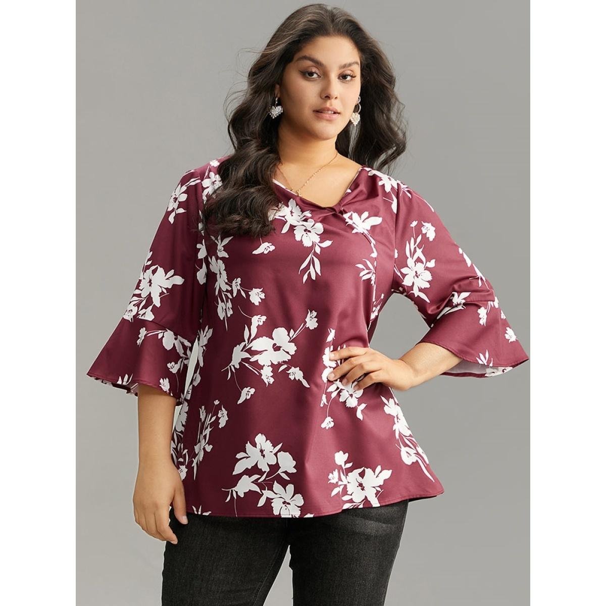 Plus Size Scarlet Silhouette Floral Print Ruffle Sleeve Twist Front Blouse Women Elegant Elbow-length sleeve Round Neck Party Blouses BloomChic 28/5X Product Image