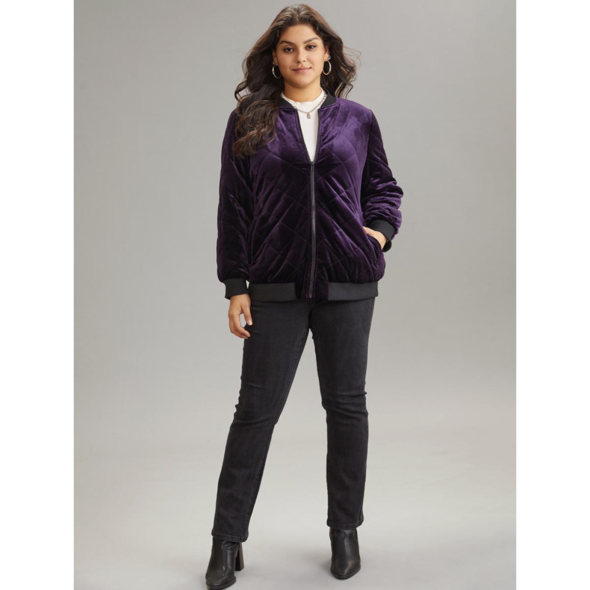 Plus Size Velvet Zipper Fly Pocket Quilted Padded Jacket Women Eggplant Velvet Pocket Dailywear Jackets BloomChic 18-20/2X Product Image