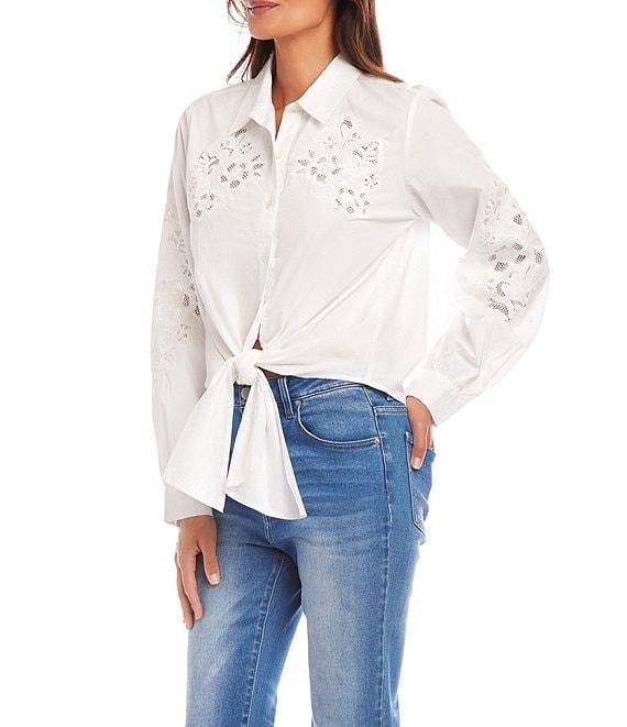 Karen Kane Eyelet Embroidered Floral Tie-Front Point Collar Long Sleeve Top Product Image