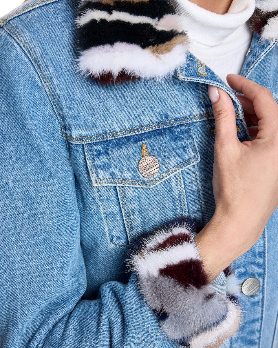 Denim Jacket with mink collar and cuff Product Image