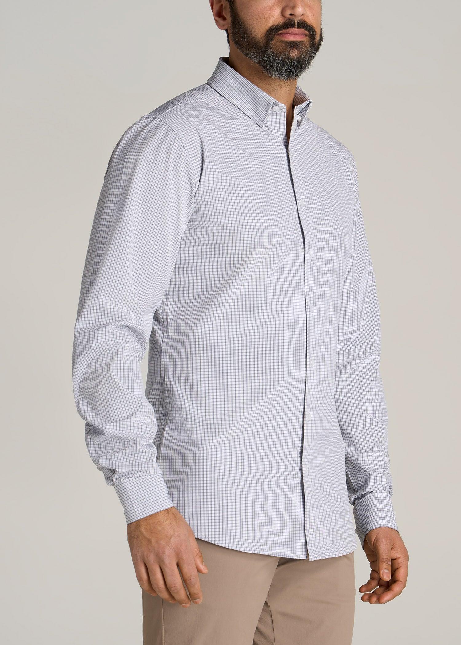 Traveler Stretch Dress Shirt for Tall Men in Grey Mini Plaid Male Product Image