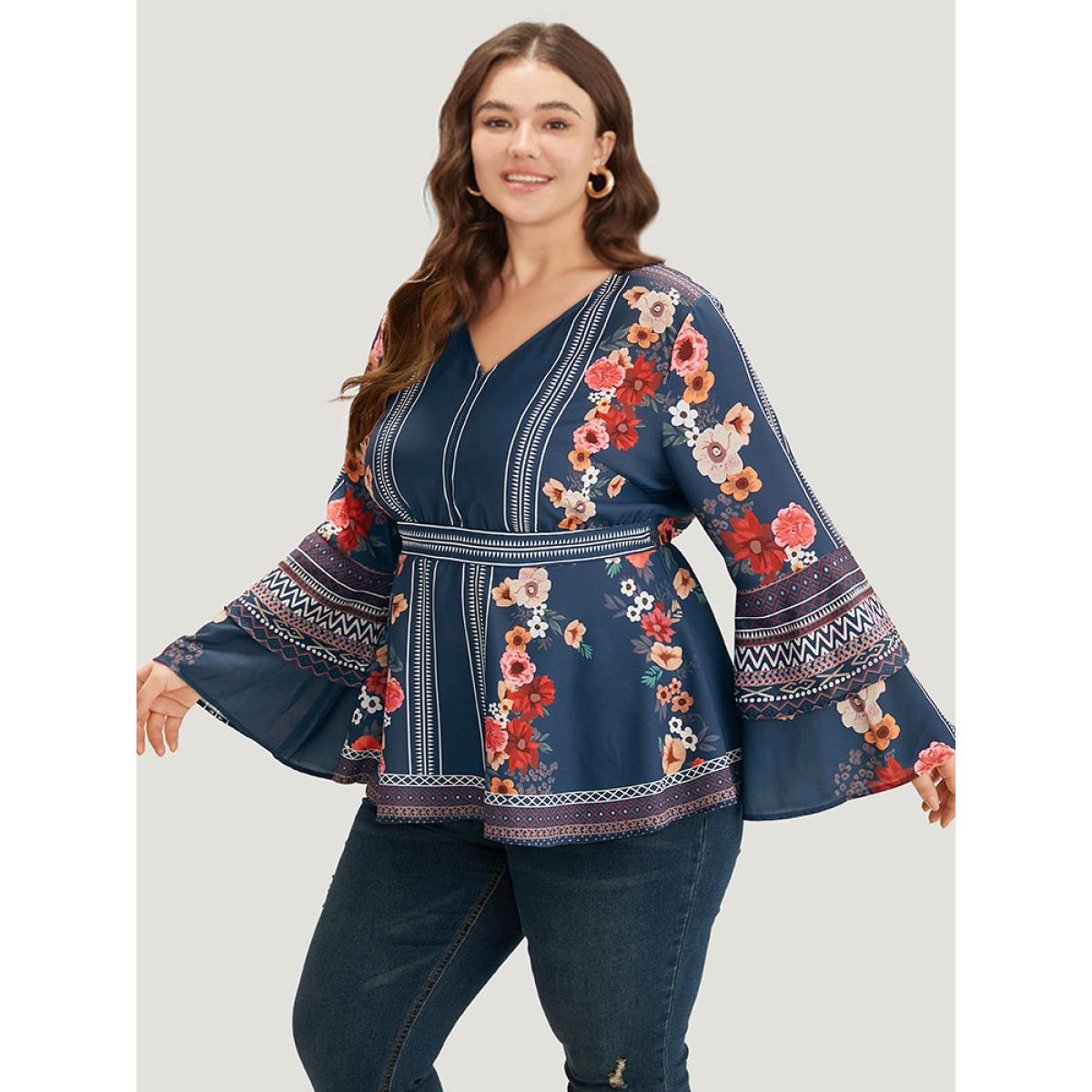 Plus Size Stone Boho Print V Neck Elastic Waist Bell Sleeve Blouse Women Vacation Long Sleeve V-neck Vacation Blouses BloomChic 28/5X Product Image