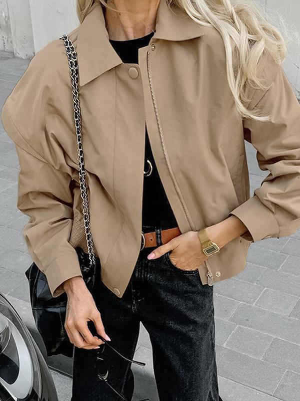 Long Sleeves Loose Buttoned Elasticity Solid Color Zipper Lapel Jackets Outerwear Product Image