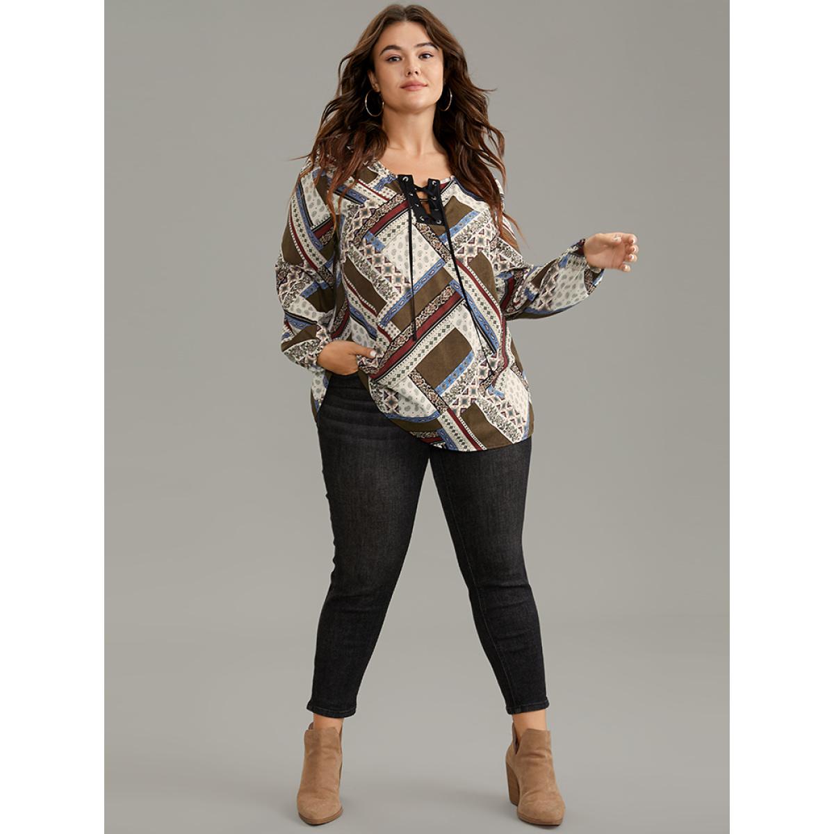 Plus Size Scarlet Moroccan Print Lace Up Lantern Sleeve Blouse Women Vacation Long Sleeve Tie Neck Vacation Blouses BloomChic 10/M Product Image