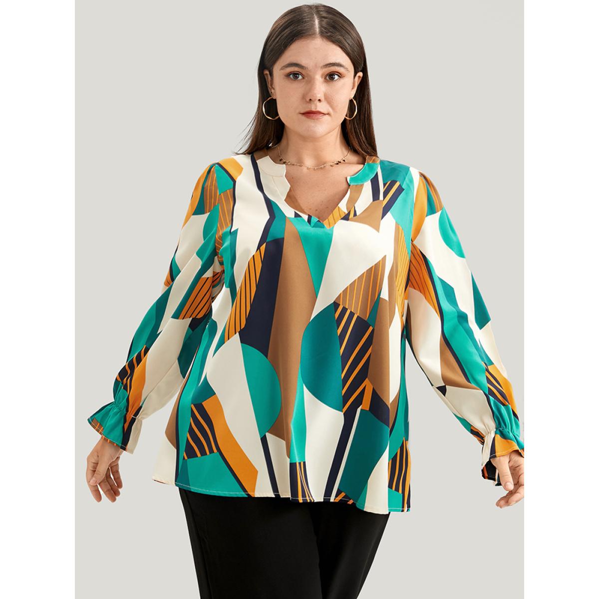 Plus Size Multicolor Geometric Print V Neck Blouse Women Office Long Sleeve V-neck Work Blouses BloomChic 22-24/3X Product Image