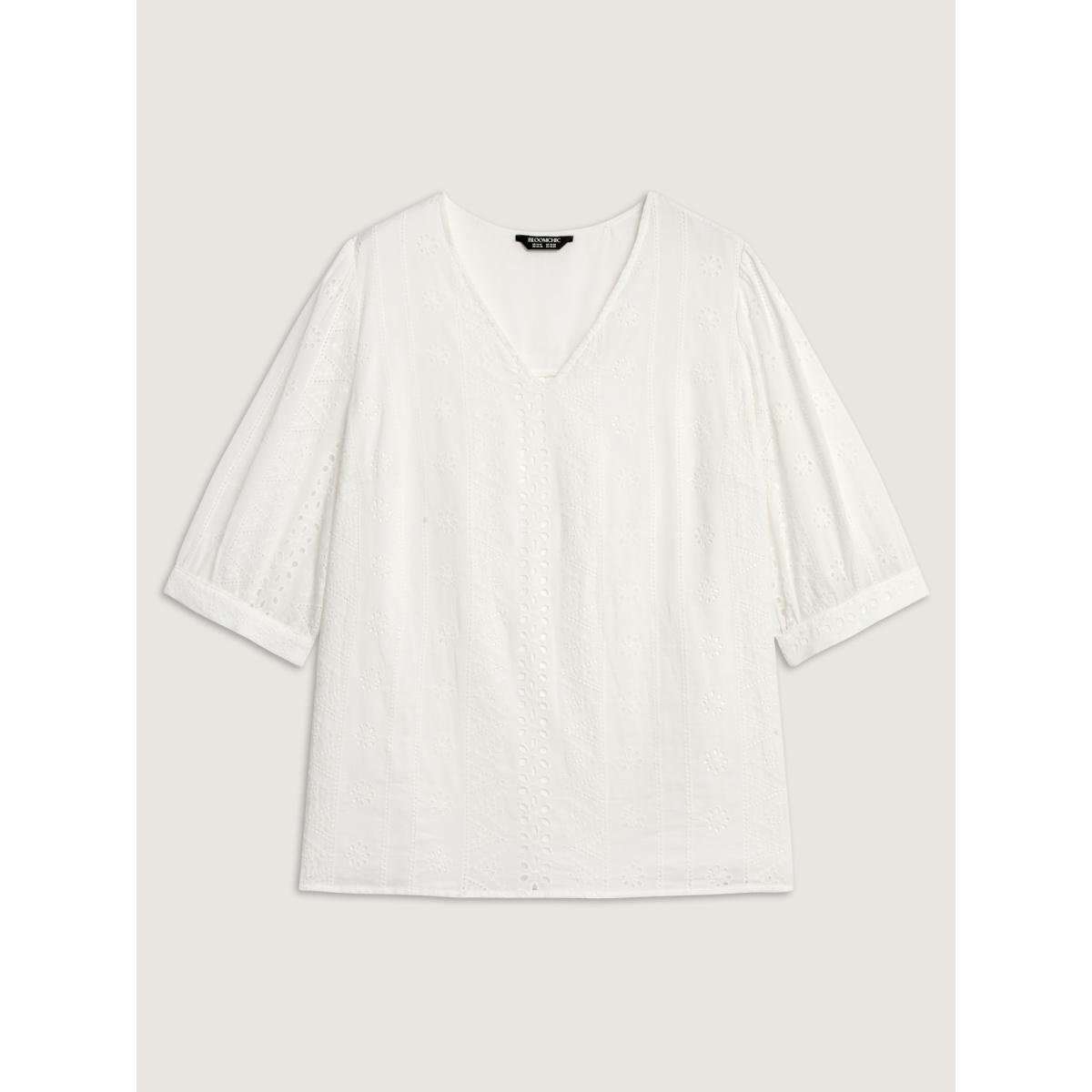 Plus Size WhiteSmoke Cotton Eyelet Embroidery V-Neck Blouse Women Boho Elbow-length sleeve V-neck Vacation Blouses BloomChic 26/4X Product Image