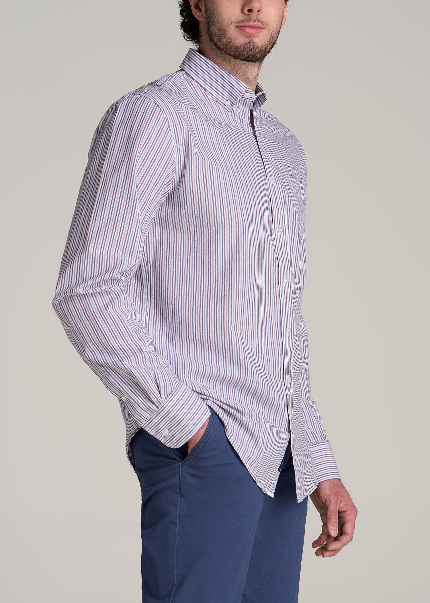 Soft-Wash Button-Up Shirt for Tall Men in Red and Blue Multi Stripe Male Product Image