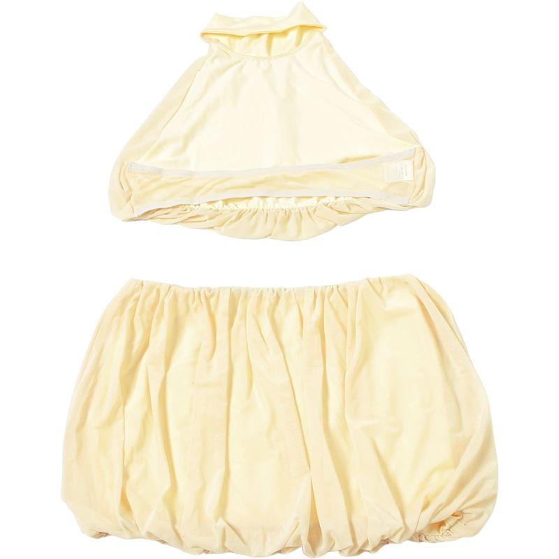 Set: Halter Mock Neck Plain Crop Top + Elastic Waist Mini Balloon Skirt Product Image