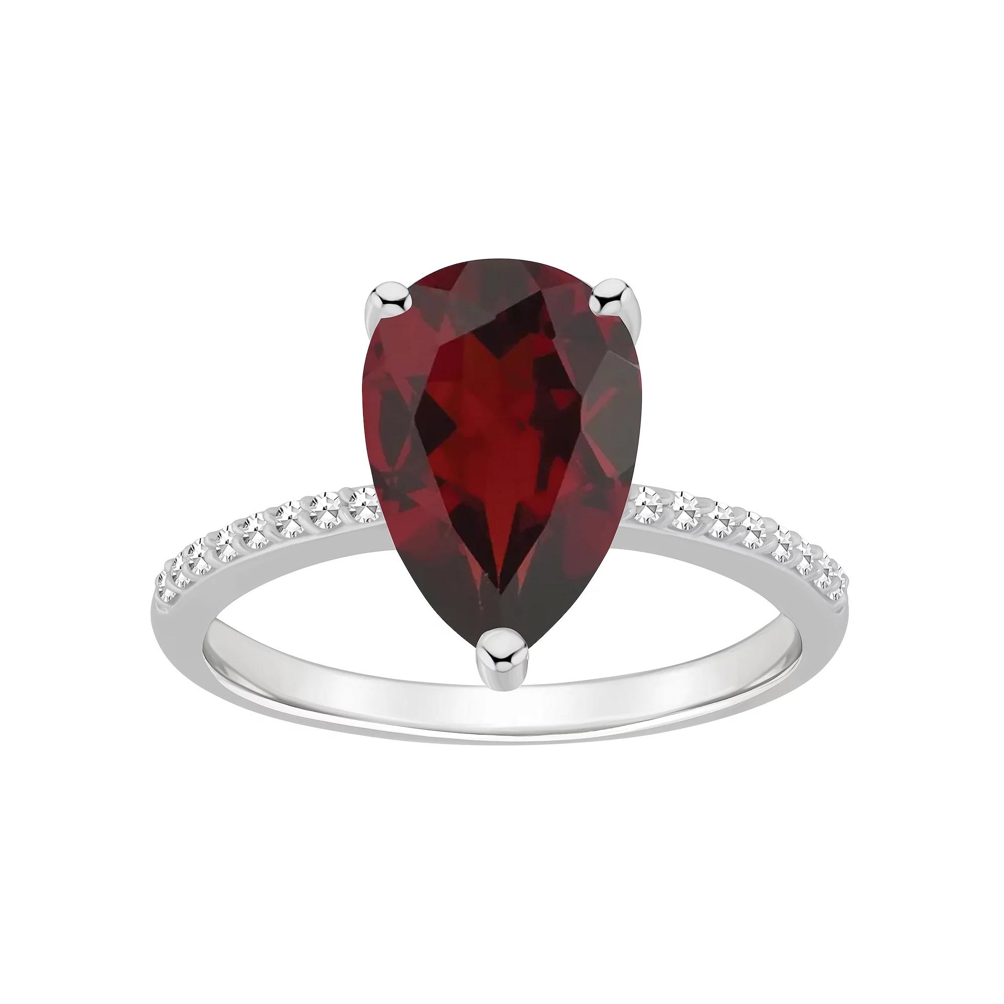 Alyson Layne Sterling Silver 10 mm x 8 mm Pear Shape Gemstone & 1/10 Carat T.W. Diamond Ring, Women's, Red Product Image