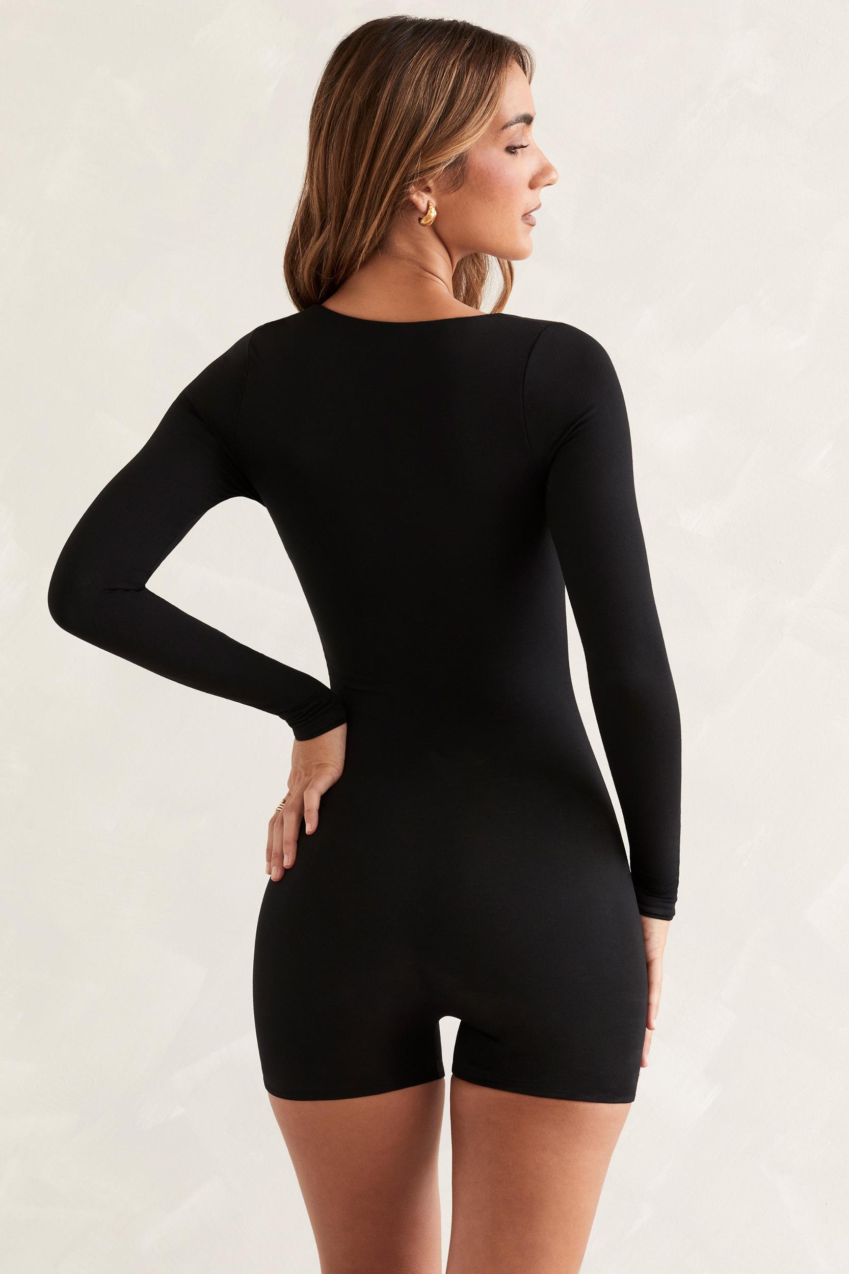 Long Sleeve Square Neck Unitard in Black Product Image