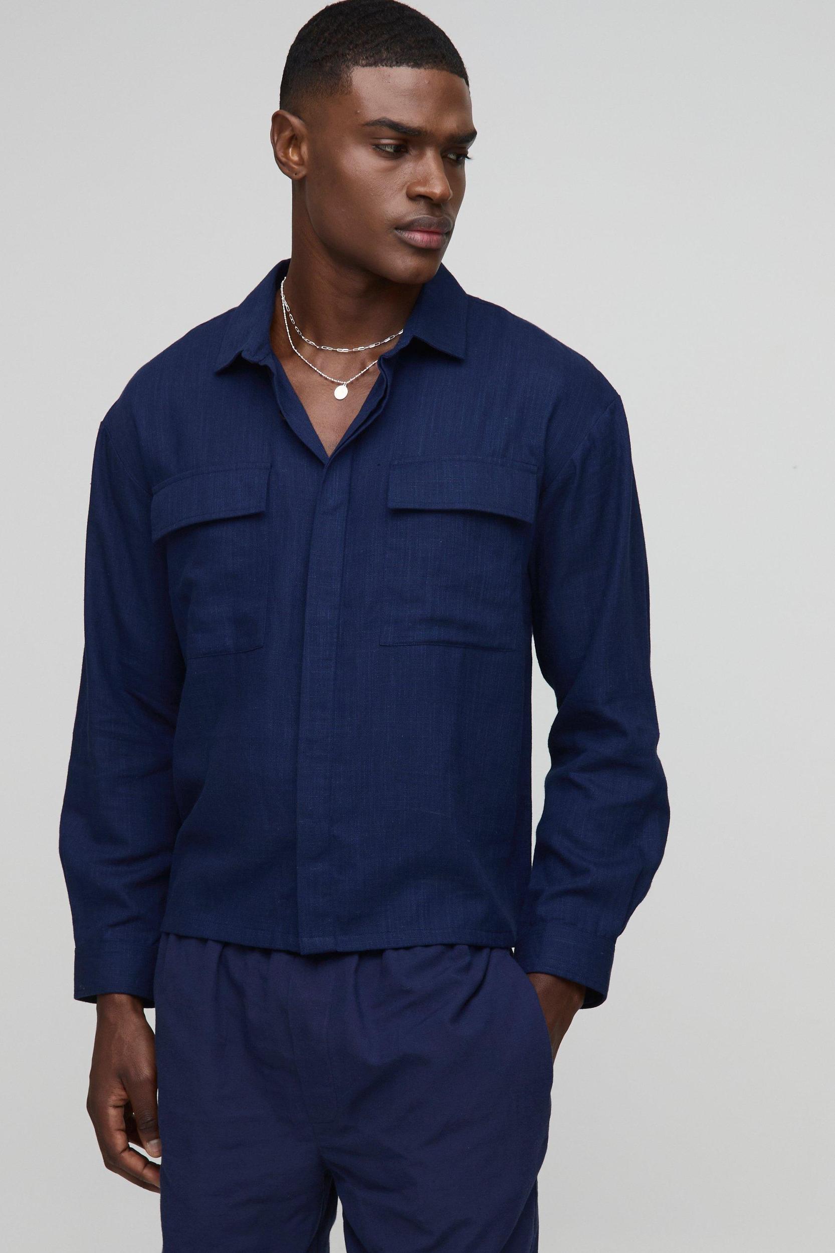 Heavyweight Linen Blend Regular Concealed Placket Cargo Shirt Jacket | boohooMAN USA Product Image