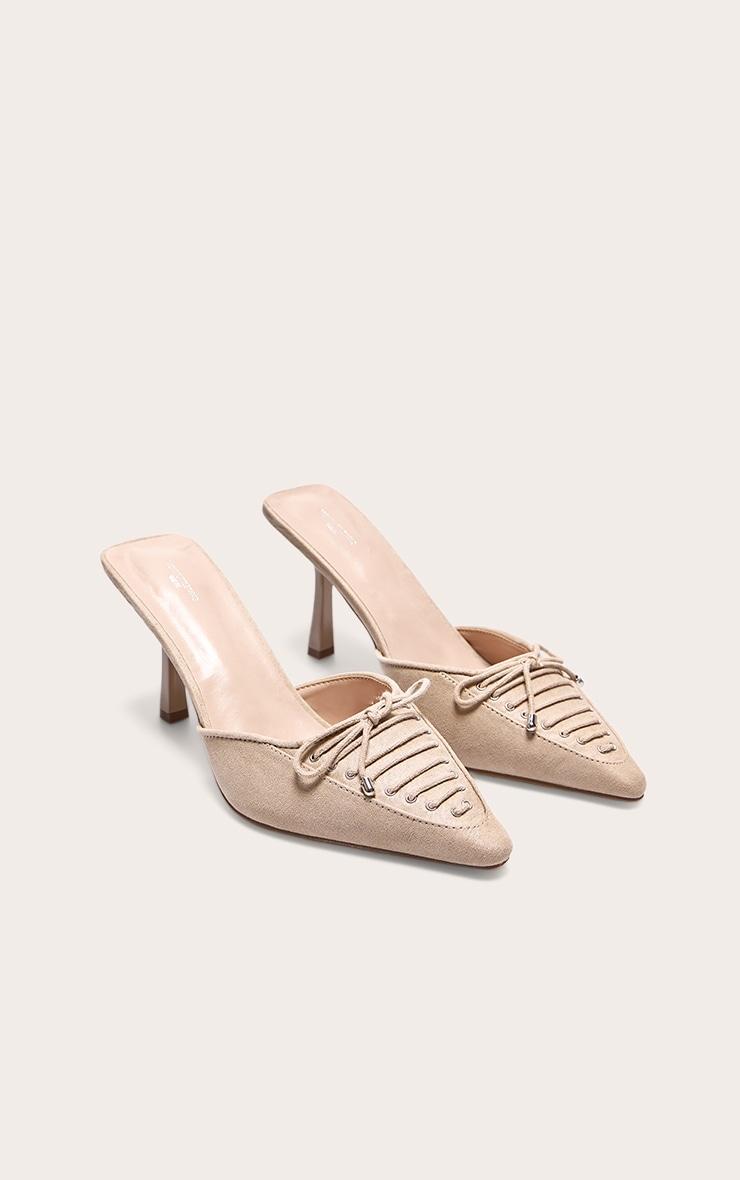 Beige Faux Suede Wide Fit Pointed Toe Lace Up Heeled Mules Product Image