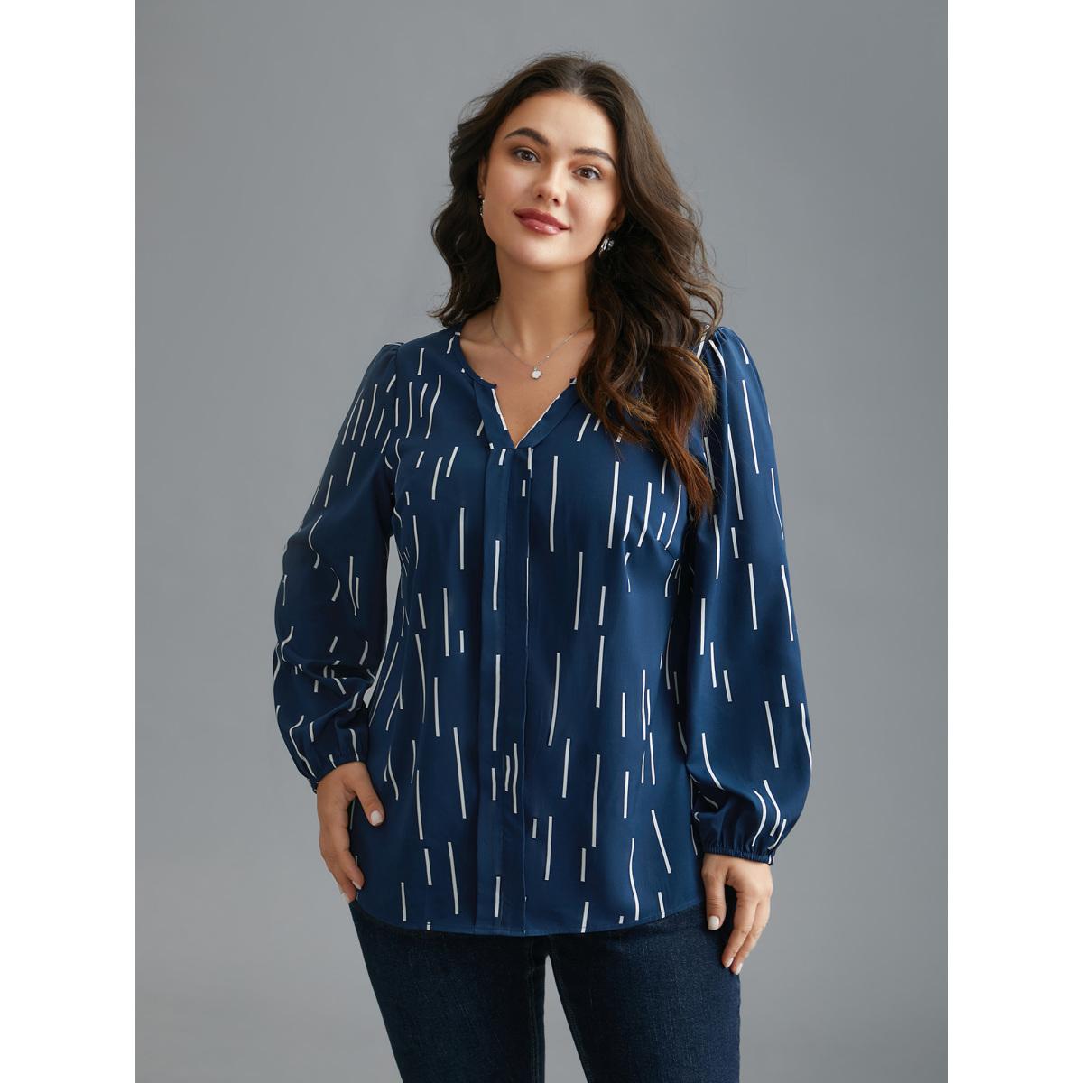 Plus Size Indigo Geometric Print Notched Collar Blouse Women At the Office Long Sleeve Notched collar Work Blouses BloomChic 22-24/3X Product Image