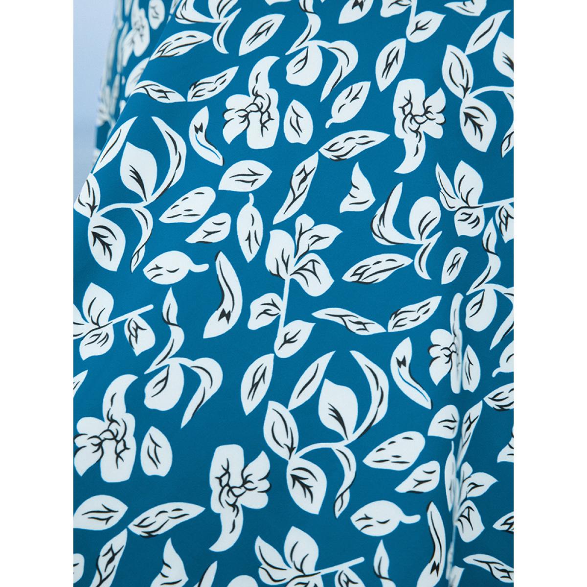 Plus Size Plant Print Asymmetrical Hem Adjustable Straps Tankini Top Women's Swimwear Cerulean Vacation Adjustable Straps High stretch Bodycon V-neck Curve Swim Tops BloomChic 10/M Product Image