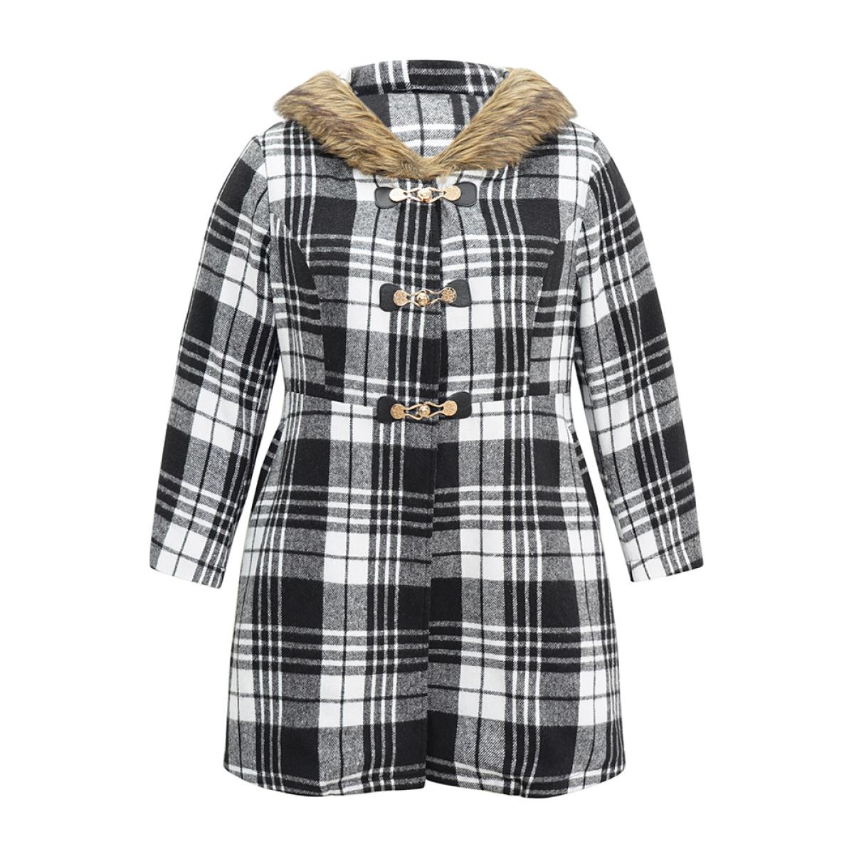 Plus Size Plaid Patchwork Duffle Button Fuzzy Trim Coat Women Black Casual Lined Ladies Dailywear Winter Coats BloomChic 30/6X Product Image