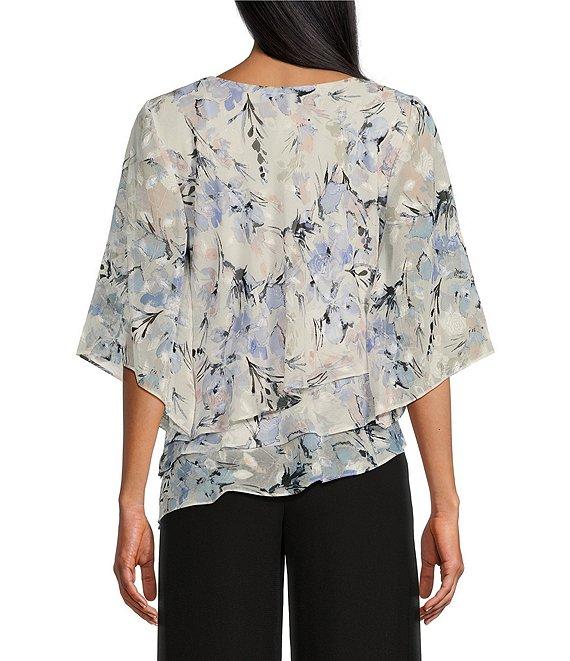 Alex Evenings 3/4 Sleeve Boat Neck Asymmetrical Triple Tier Floral Chiffon Blouse Product Image