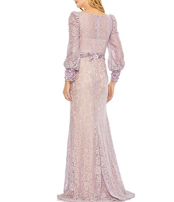Mac Duggal Lace Overlay Jewel Encrusted Floral Surplice V-Neck Balloon Sleeve Column Mermaid Gown Product Image