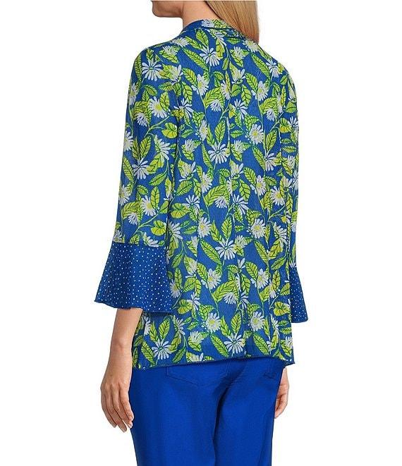 Multiples Blue Print Onionskin Shawl Neck 3/4 Flounce Sleeve Open-Front Jacket Product Image