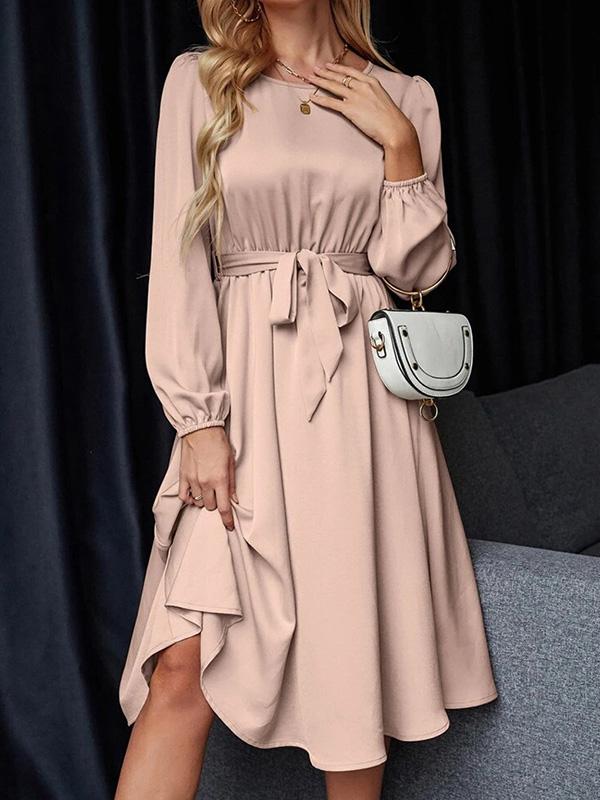 Loose Puff Sleeves Elasticity Pleated Solid Color Split-Joint Tied Waist Round-Neck Midi Dresses Product Image