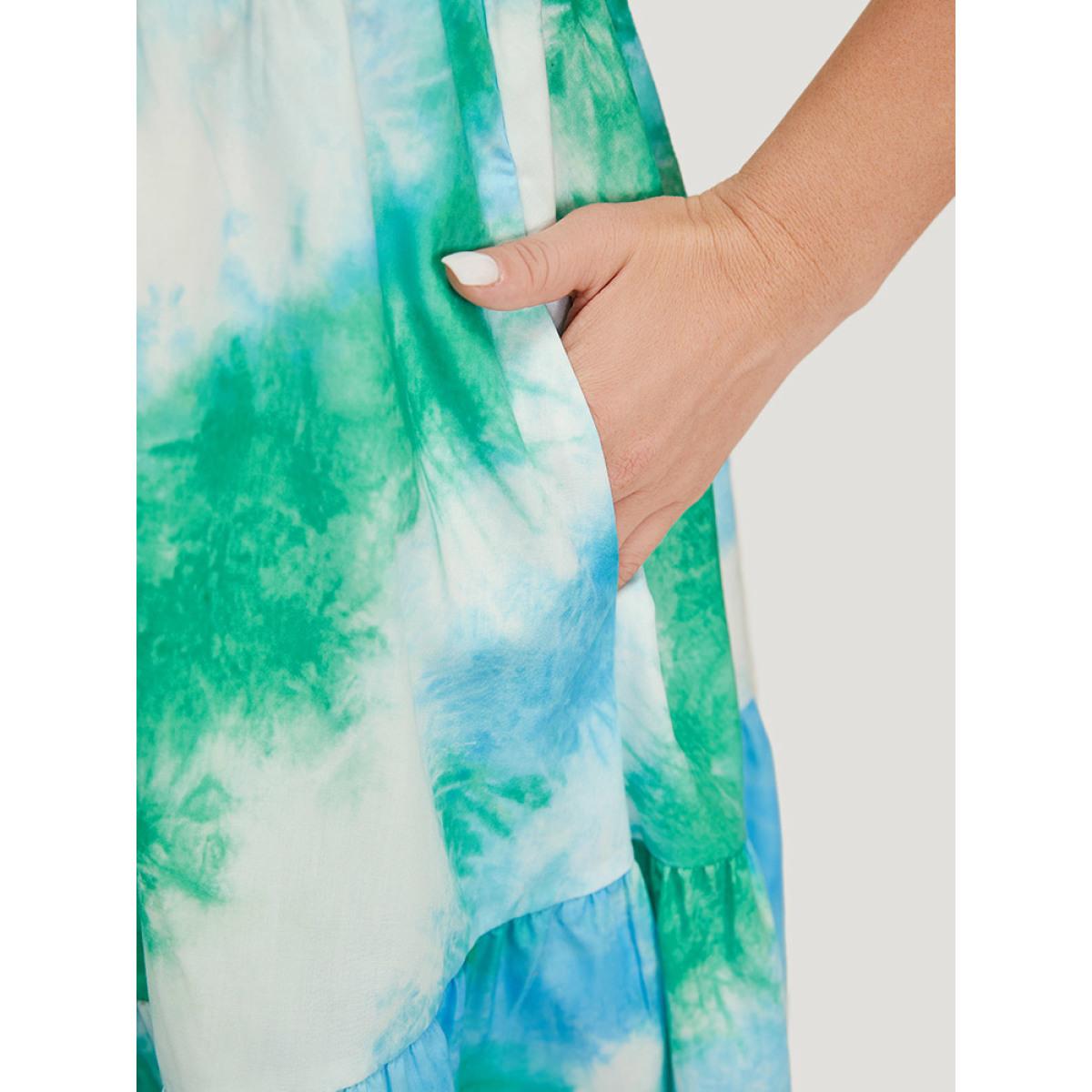 Plus Size Tie Dye Crew Neck Pocket Ruffle Tiered Dress Multicolor Women Vacation Tiered Round Neck Short sleeve Curvy Knee Dress BloomChic 14-16/1X Product Image