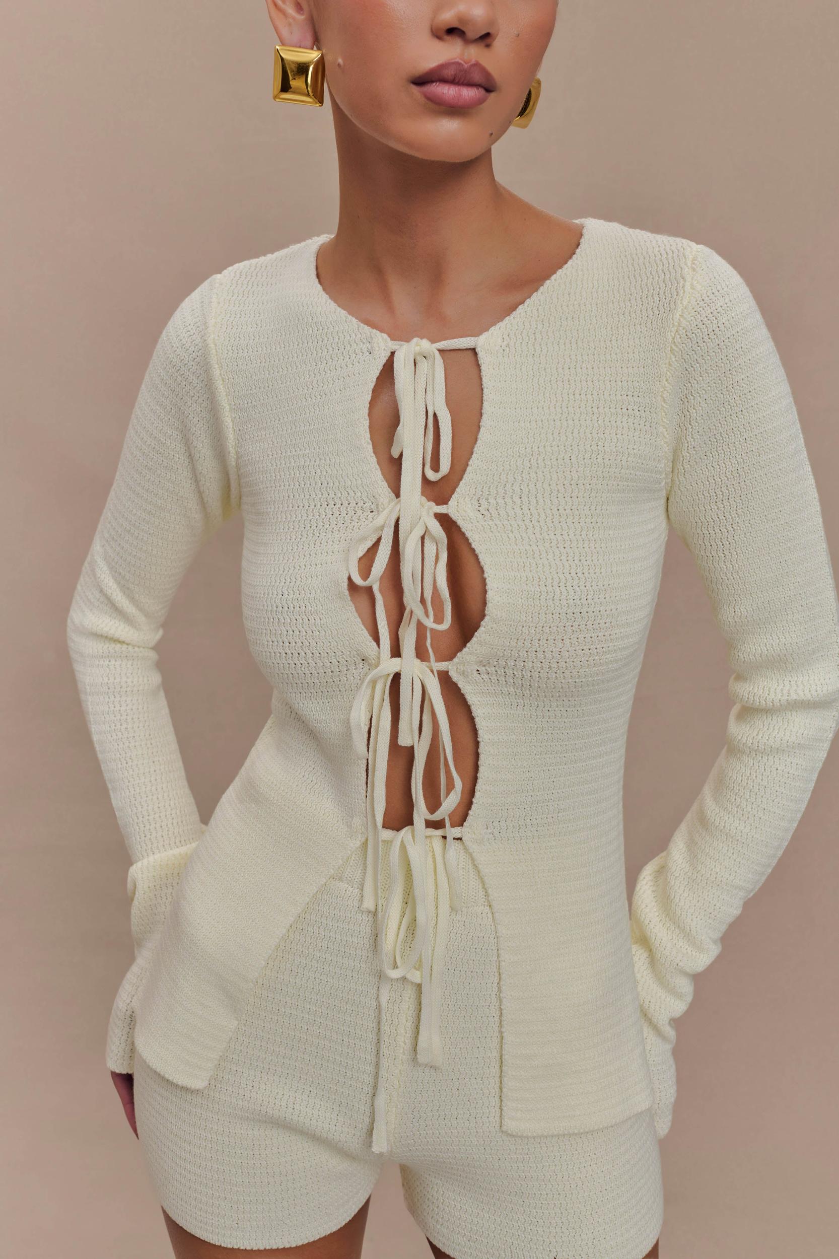 Noah Knit Tie Long Sleeve Top - Ivory Product Image