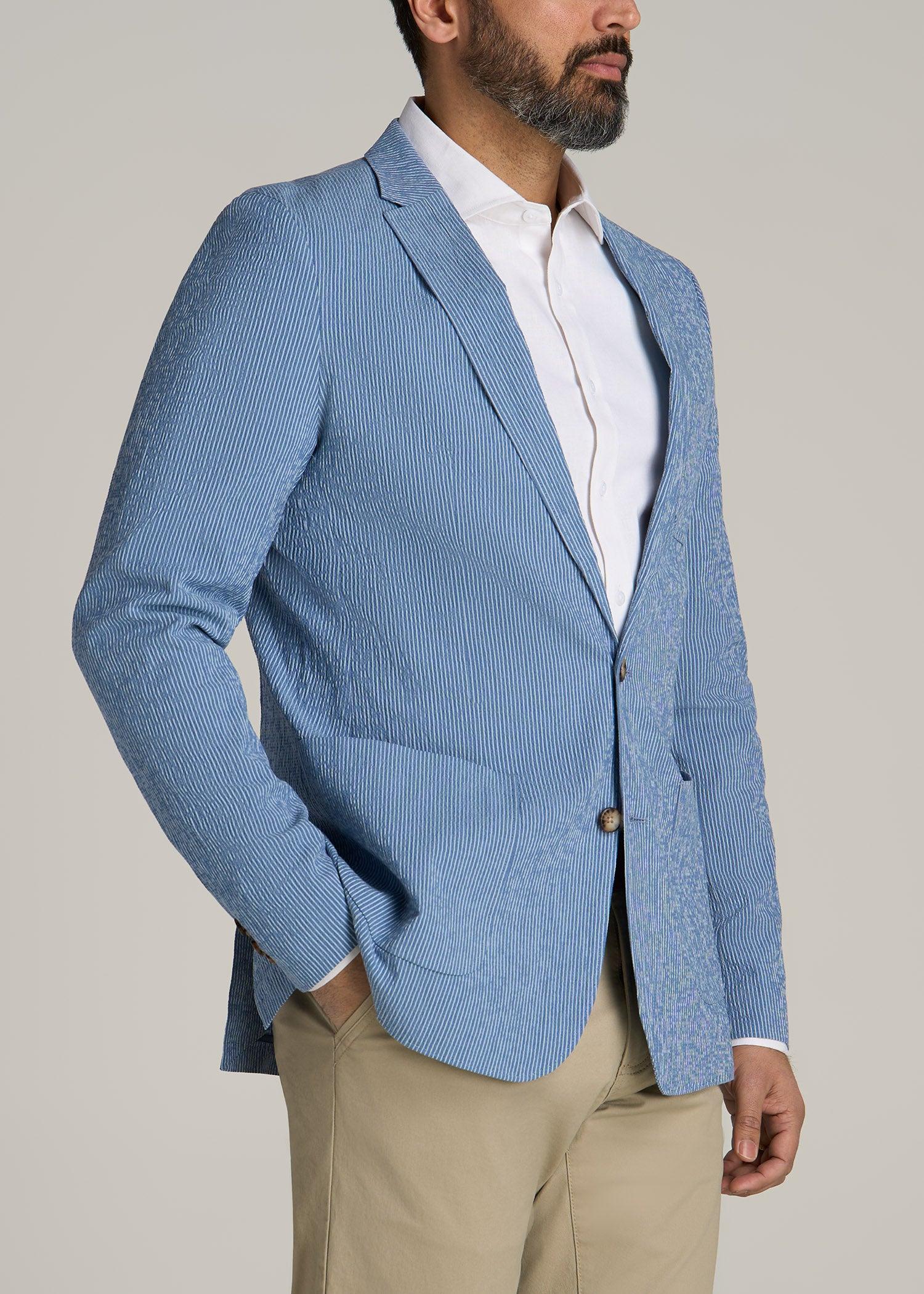 Stretch Seersucker Blazer for Tall Men in Tonal Blue Stripe Male Product Image