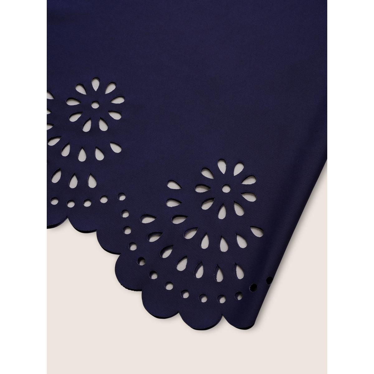 Plus Size Solid Mesh Patchwork Laser Cut Swim Dress Women's Swimwear Indigo Beach Bodycon Round Neck High stretch Curve Swim Dresses BloomChic 10/M Product Image